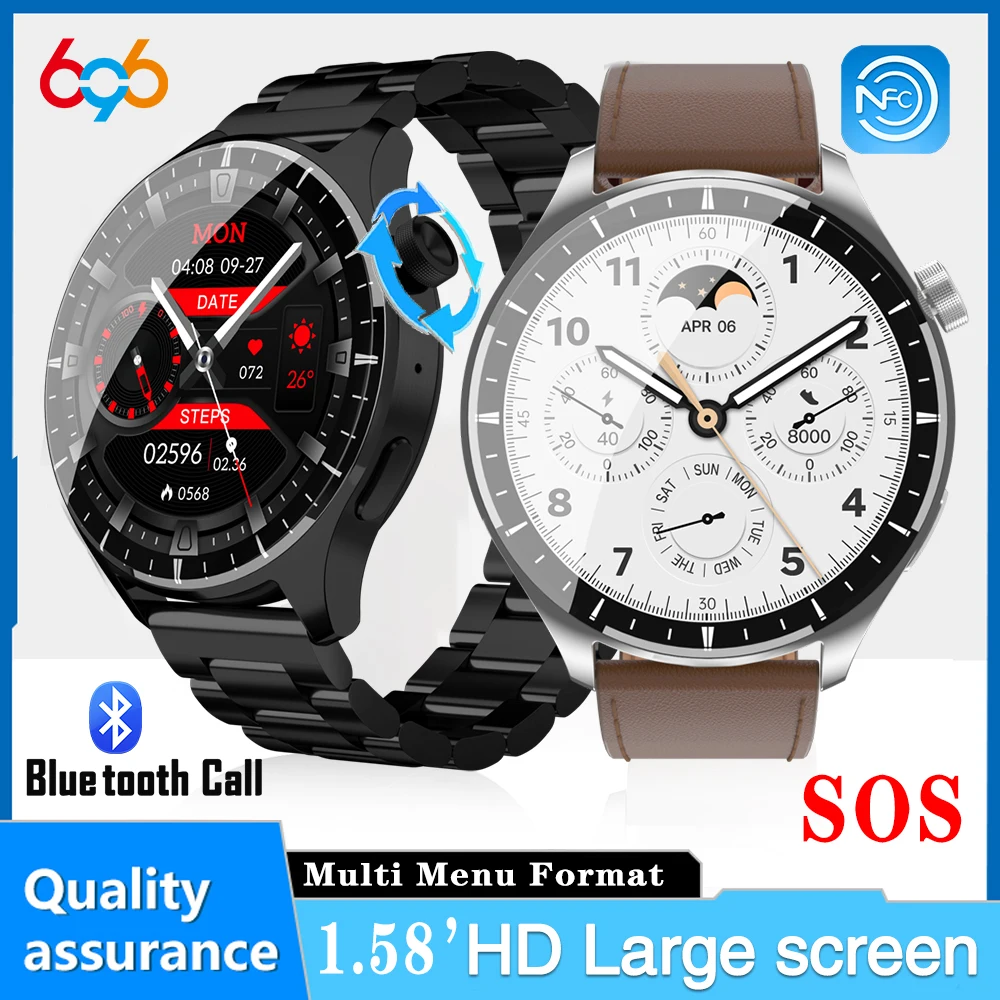 

1.58”AMOLED Smartwatch Information BT Call NFC Health Monitoring Mini Game AI Voice Sport Men Waterproof Smart Watch SOS Music