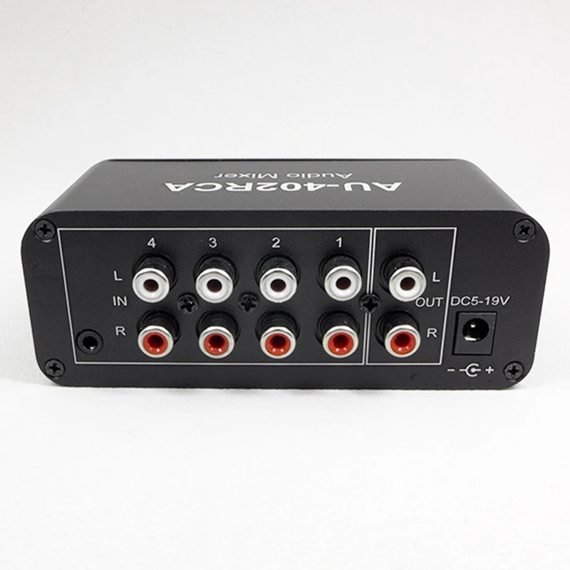 AU-402RCA Stereo Audio Mixer Multi-Channel Source Reverberator Volume Control 3.5Mm Headphone Driver 4 Input