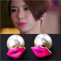 korean double sided pearl earrings red lips earrings sweet fashionable temperament ear studs front rear ear ornaments female