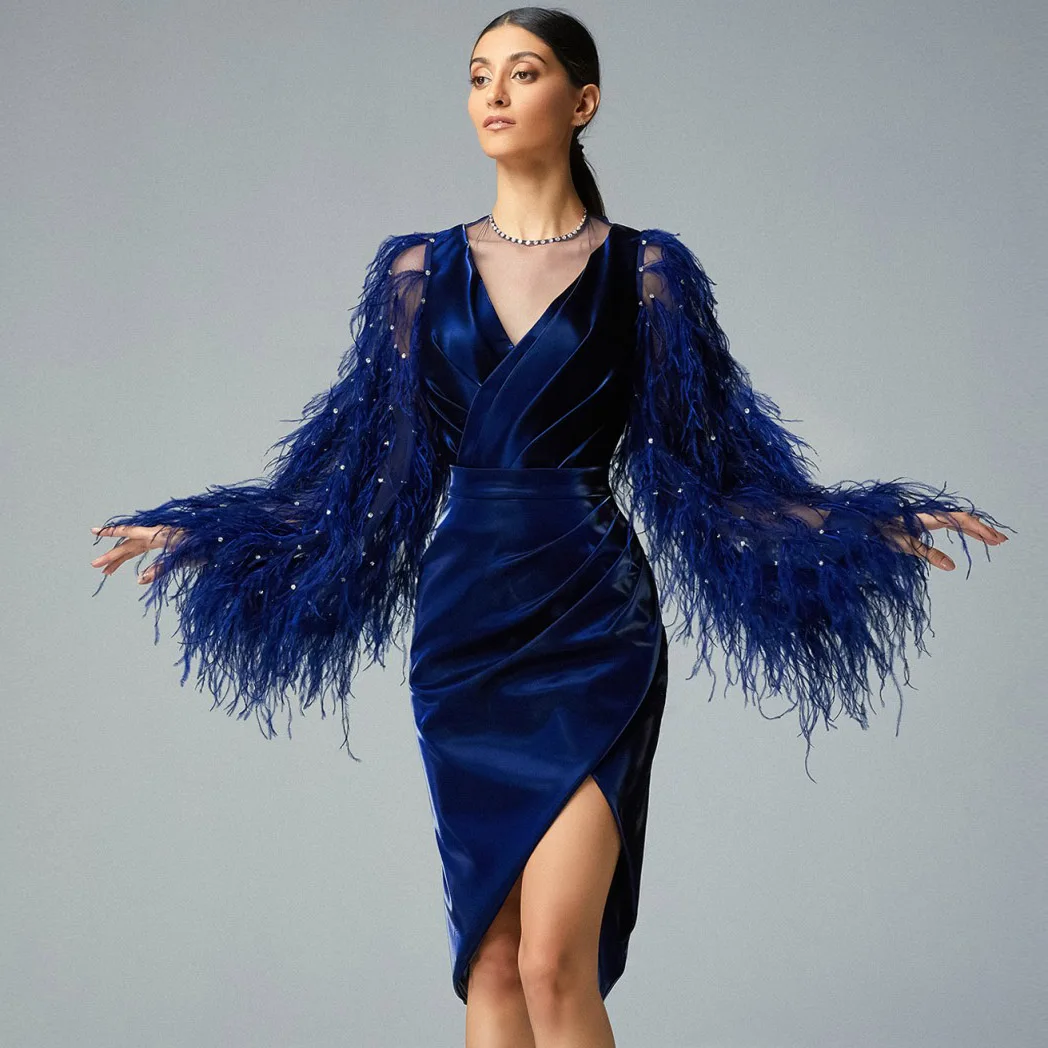 Купи O-neck Satin Dress Long Sleeve Feathers Dresses Bodycon Dress Royal Blue Midi Dress Elegant Dresses For Women Custom Made за 7,000 рублей в магазине AliExpress