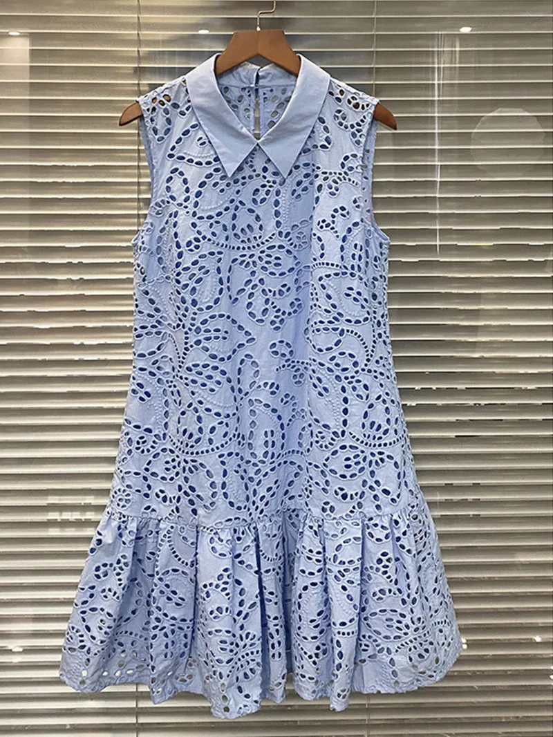 Women Hollow Out Embroidery Sleeveless Dress Summer 2023 New Ladies Turn-Down Collar Splicing Ruffle Two-Piece Sweet Short Robe