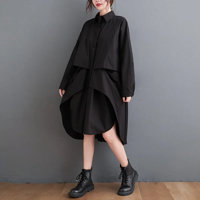 

Женское асимметричное платье-рубашка, винтажное модное свободное Повседневное платье белого и черного цвета с длинным рукавом, элегантная ...