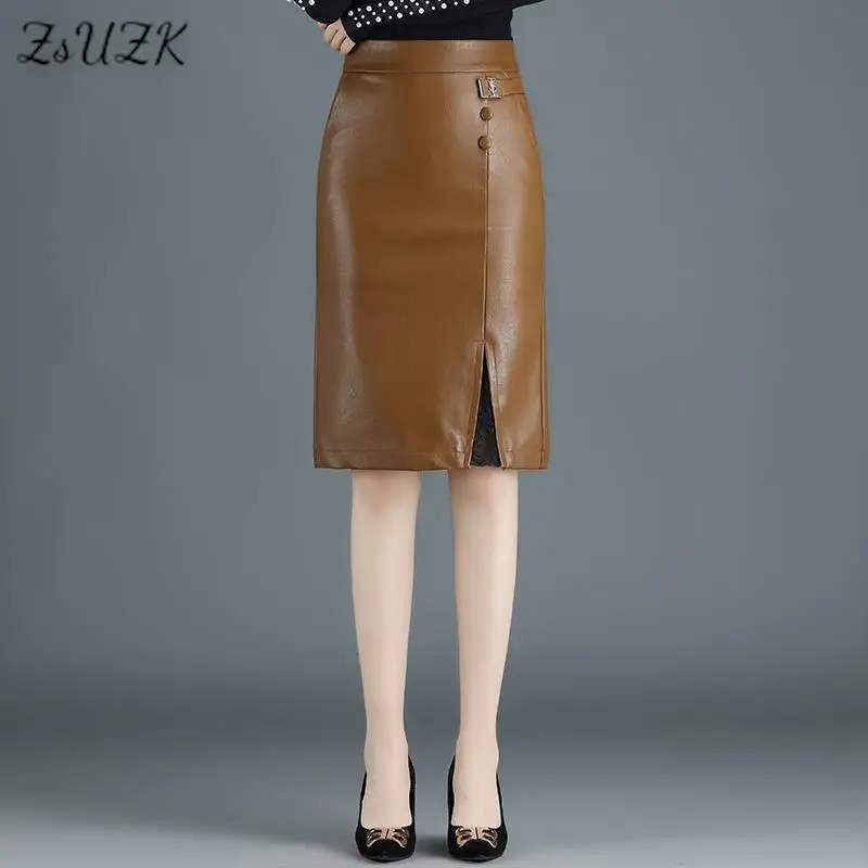 

ZUZK Women PU Leather Bodycon Skirts Fall Winter Lace Slit Patchwork High Waist OL Straight Skirt Knee-Length Leather Skirt