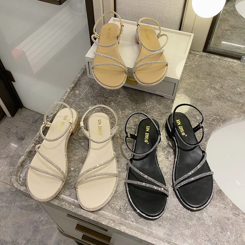 

Fashion Rhinestones Flat Sandals Open Toe Shoes Hollow Out Women's Shoes Summer Lady Casual Daily Shop Outdoor All-match Sandals