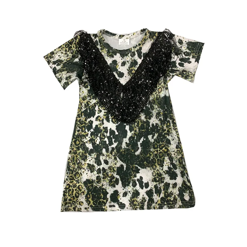 

New girls dresses boutique short sleeves Leopard sequins toddler girl A-line dress