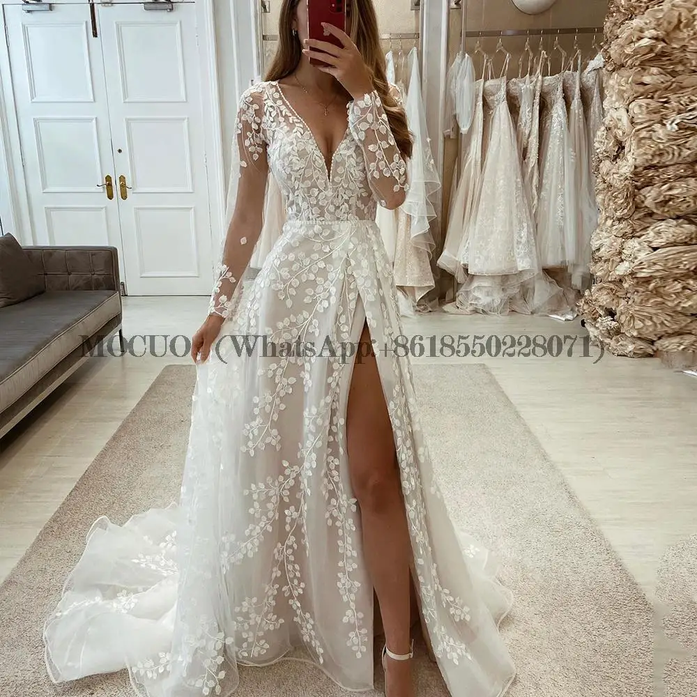 

Pastrol Wedding Dresses V-Neck Long Sleeves Lace Applique Bride Gowns 2022 Nouveauté Tulle A-Line Sweep Train Vestidos De Novia