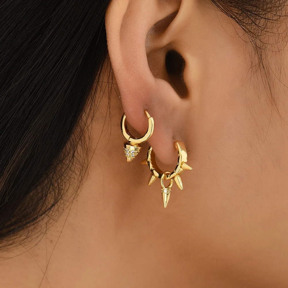 

Trendy Punk Rivet Spike Gold Metal Hoop Earrings for Women Geometric CZ Crystal Cone Huggie Earrings Statement Jewelry