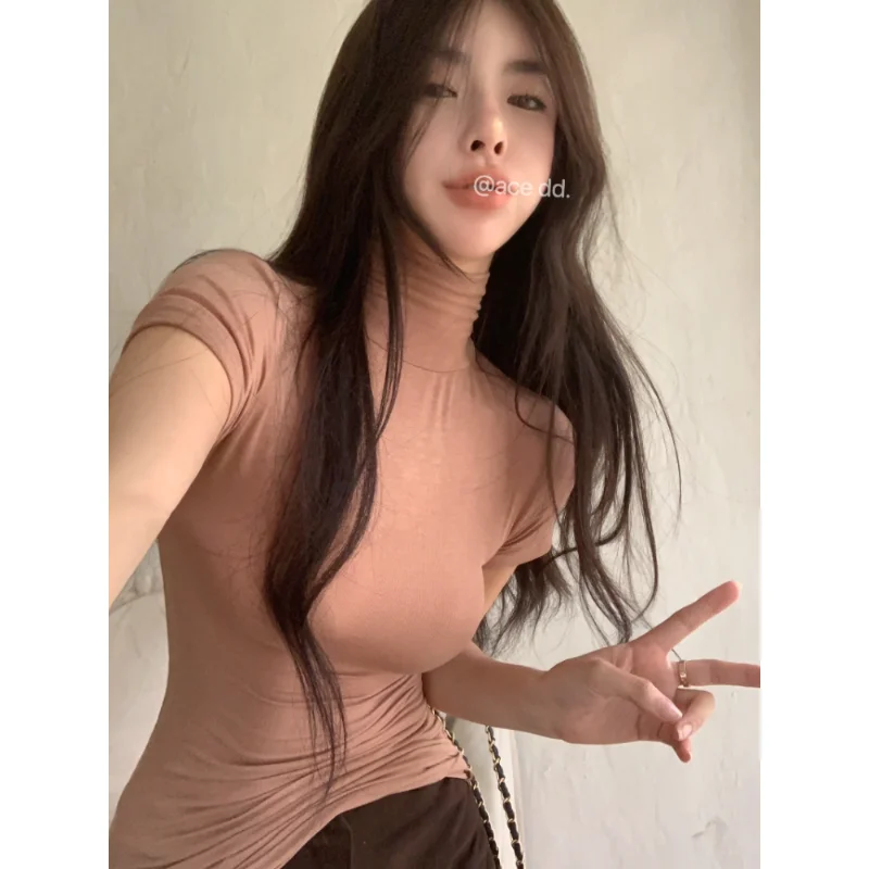 

Весна 2023, женские топы, Ретро футболка в Корейском стиле с высоким воротом, вязаная эластичная футболка с короткими рукавами