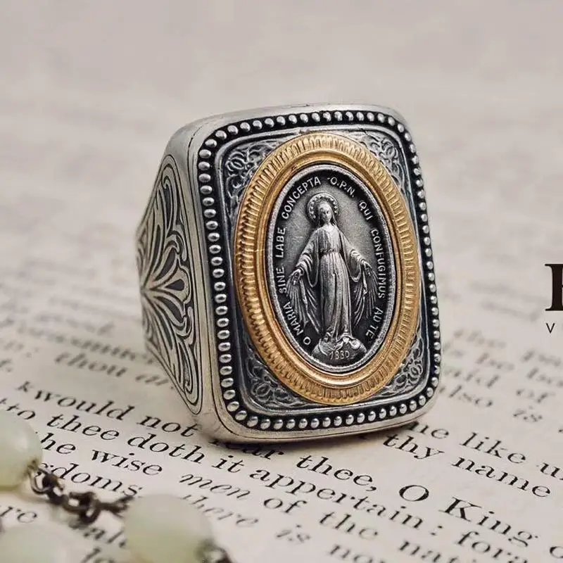 

New Hand-inlaid Vintage Silver Ring Literary Faith Holy Brand Ancient Coin Atmosphere Ring Male Jewelry Accessories