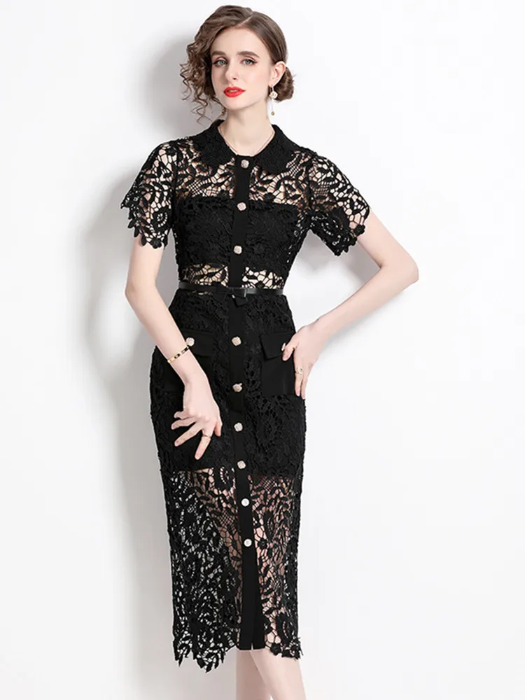 

SMTHMA New Fashion Design Celebrity Temperature Black Lace Hollow Out Dress For Women Short Sleeve Lapel Mid-Length Summer Dress