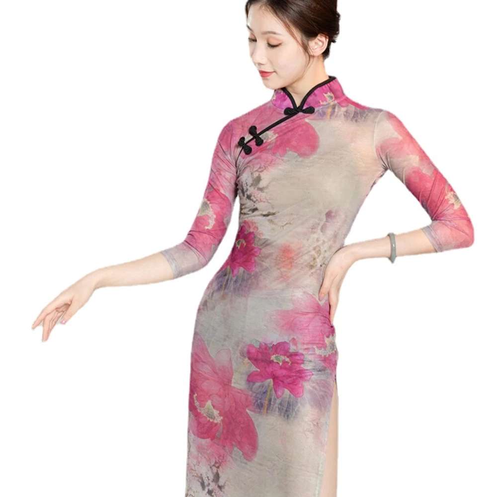 

Women's Printed Slim Mesh Dress Classical Dance Cheongsam Body Charm Exercise Clothing Chinese Style Performance Wear Dance