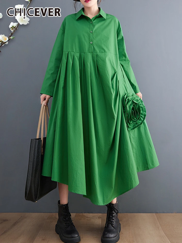 

CHICEVER Plain Dress For Women Lapel Long Sleeve Button Appliques Temperament Midi Dresses Female 2022 Spring Fashion Clothing