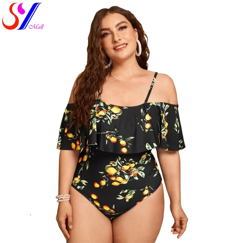 

2022 Sexy Bikini Swimwear WomenOne-Piece Suits Deep V One Shoulder Short Sleeve Leaf Print Fat Woman Large Size Swimsuit