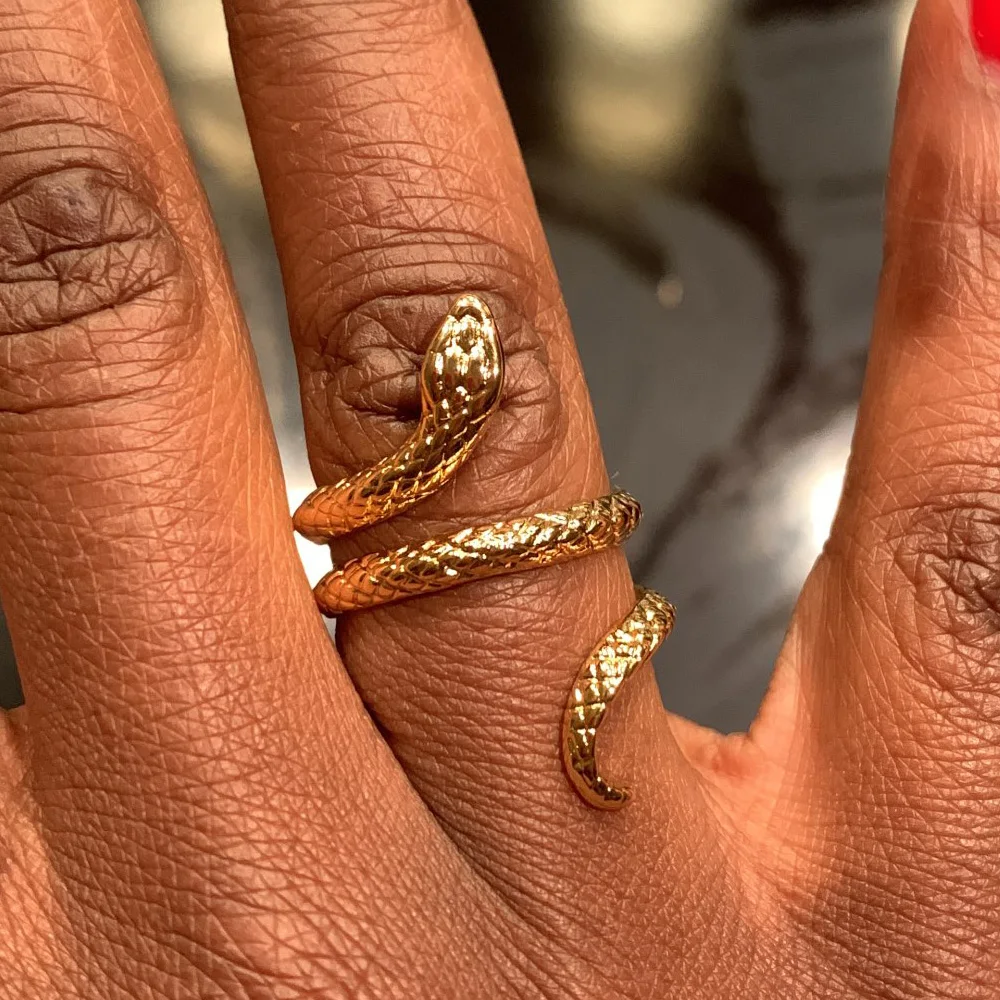 

Gold Plated Snake Rings For Women Men Vintage Gothic Open Adjustable Stainless Steel Ring Zircon Aesthetic Jewelry anillos mujer
