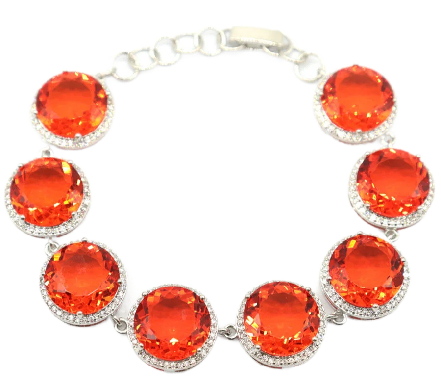 

15x15mm Gorgeous 22.g Orange Spessartine Garnet Tsavorite Garnet White CZ Daily Wear Silver Bangle Bracelet 6.0-7.5inch