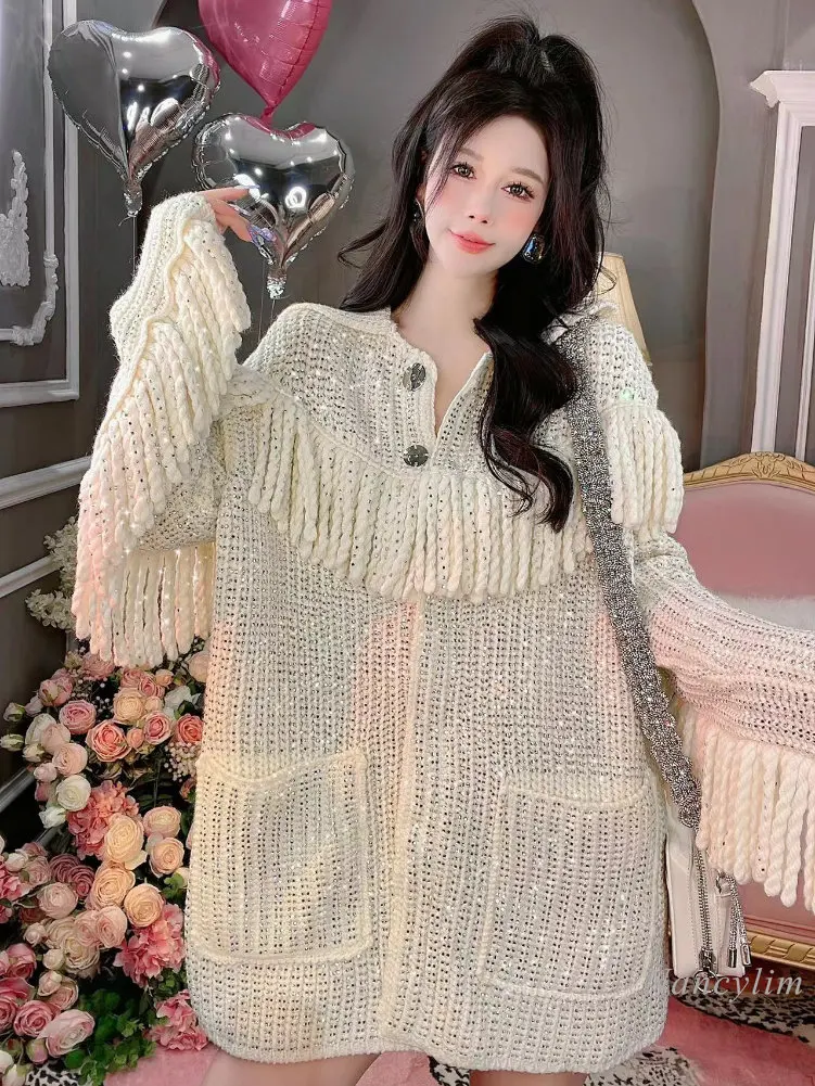 Oversized Sweater Women Autumn and Winter New Loose Heavy Tassel Hot Drilling Idle Style Large Size Thickened Sweater Coat 2022