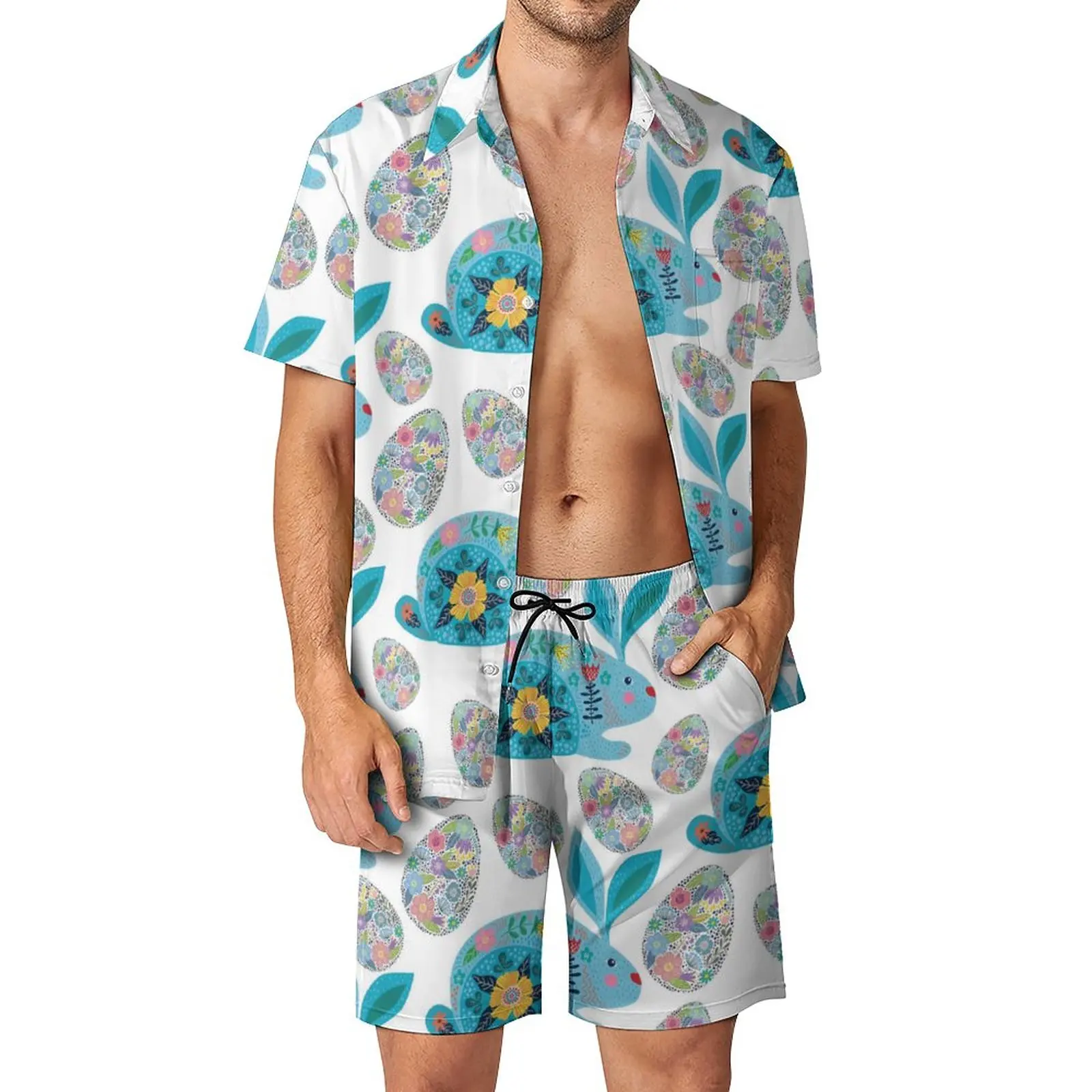 

Easter Egg Vacation Men Sets Flower Bunnies Art Casual Shirt Set Summer Shorts 2 Piece Vintage Suit Plus Size 2XL 3XL