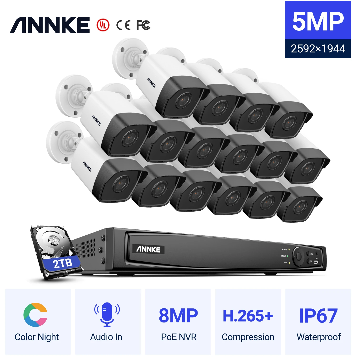 ANNKE H500 16CH 5MP H.265+ HD PoE Network Video Security System 16pcs IP67 Outdoor Bullet POE IP Cameras Audio in Camera Kit - купить по