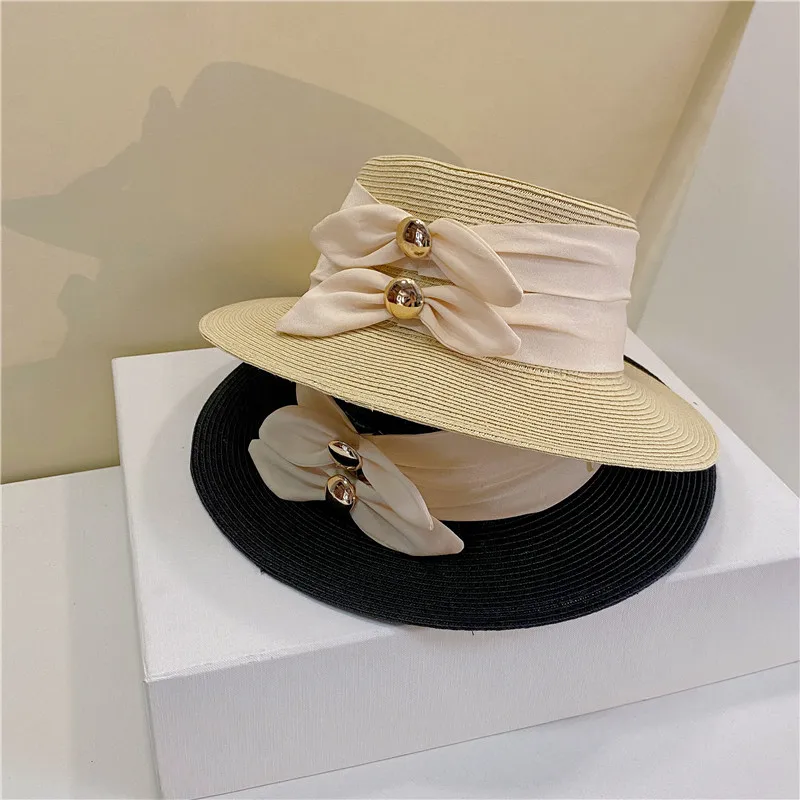 

202203-YY summer Japan elegant bowknot fine grass portable foldable sunscreen gold button lady fedoras cap women panama jazz hat
