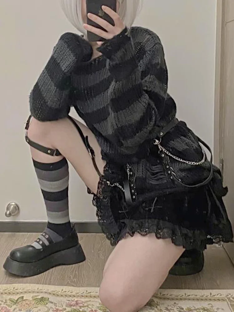 

Женский Трикотажный Свитер оверсайз в полоску, тонкий пуловер в готическом стиле унисекс Y2k