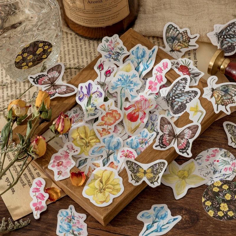 

46pcs Sticker Flakes Adhesive Label DIY Student Stationery Scrapbook Decoration Album Handbook Butterfly Iris Plant Animal Gift