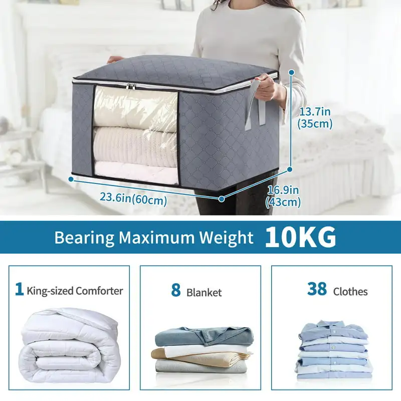 Reinforced Large Capacity Fabric Handles Dark Grey 4 Pack Organizers with Sturdy Stainless Steel Zippers for Clothing, Comforter