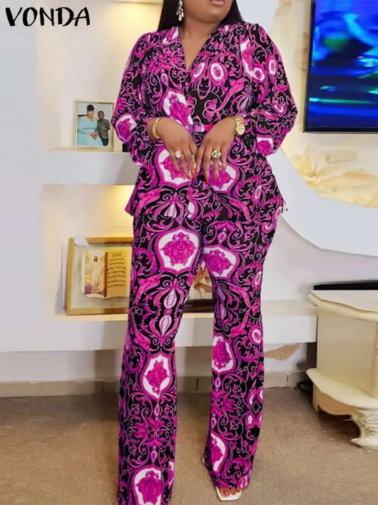 Элегантные офисные брючные комплекты 2024 VONDA женские из 2 предметов с принтом