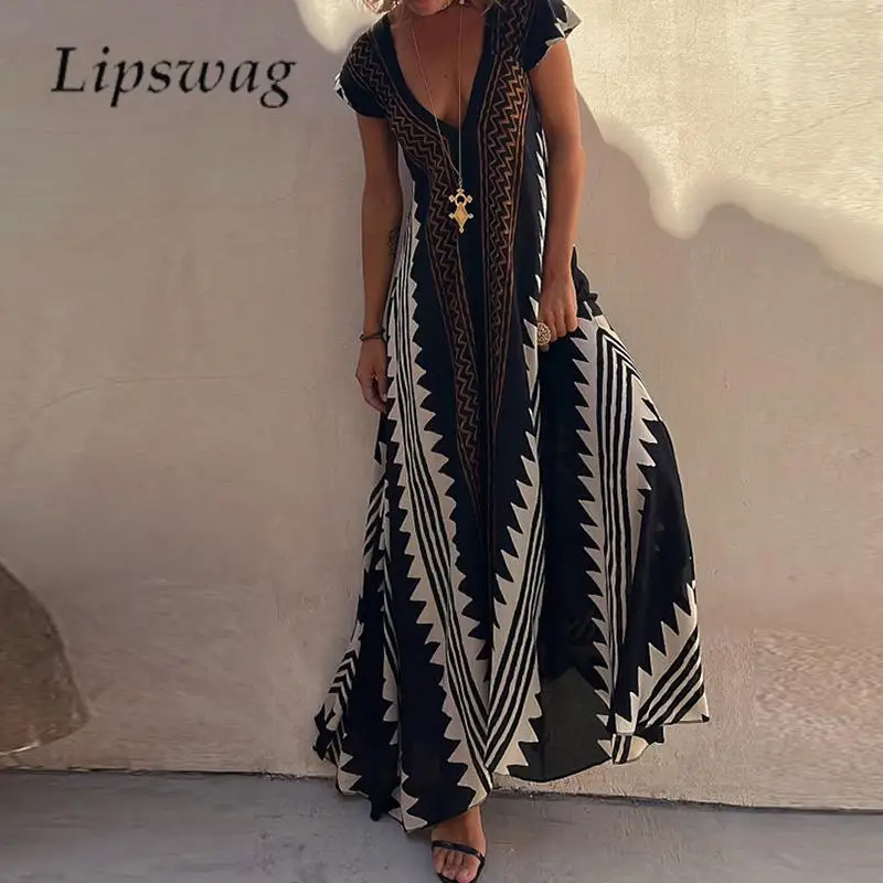 

Casual Women Short Sleeve Beach Dress Summer Women Deep V Neck Boho Dress Vintage Pattern Print Loose Long Dress 2023 Streetwear