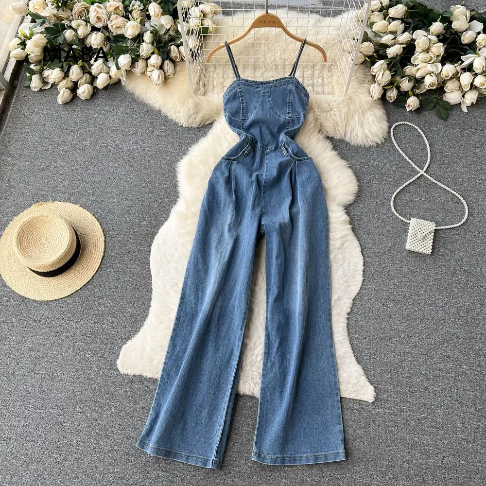 

Summer Women Blue Denim Spaghetti Strap Jumpsuit Fashion Designer Off Shoulder Slim Bandage Wide Leg Pants Jumpsuit Overalls
