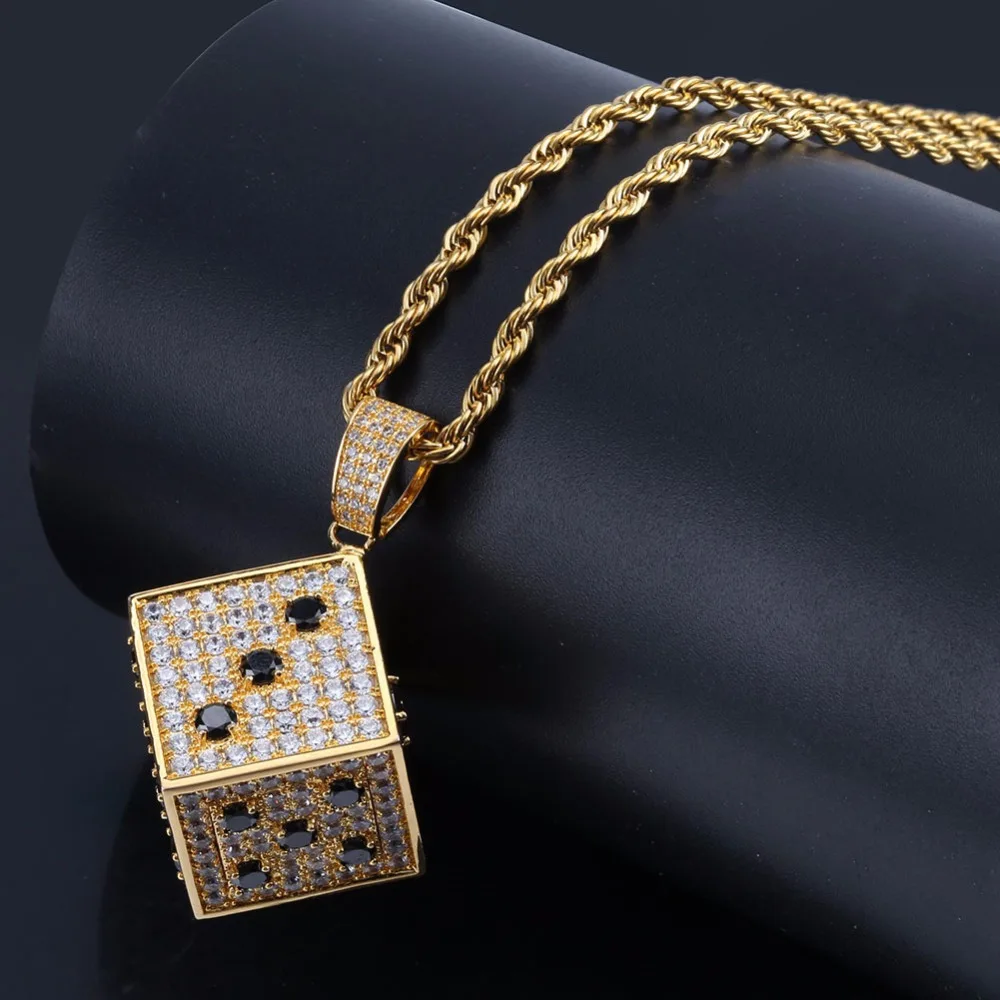 Full AAA+ Zircon Bling Ice Out Cartoon Lucky Dice Pendant Necklaces Gold Color Copper Men's Hip Hop Rapper Jewelry Drop Shipping