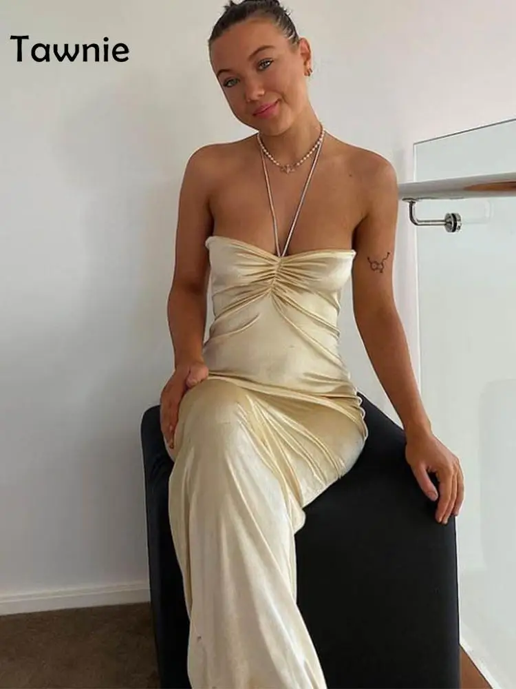 

Tawnie 2022 Summer Sexy Strapless Midi Dress Women Halter Neck Backless Sleeveless Club Party Dresses Beach Vacation Outfit Y2K