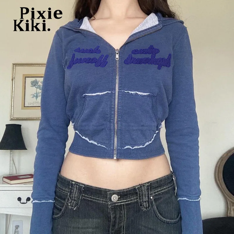 

Укороченные куртки PixieKiki Y2k для женщин, осень 2022, милая одежда, винтажные толстовки, кардиганы на молнии, уличная одежда, Свитшот