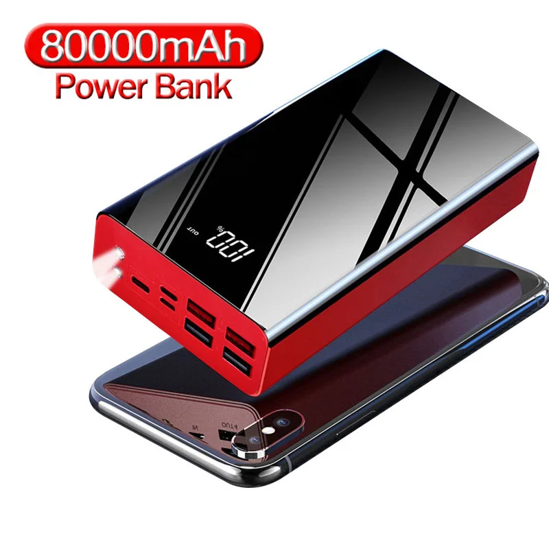 

Two-way Fast Charging Power Bank 80000mAh Mirror Digital Display Powerbank with Flashlight External Battery For iPhone 13 Xiaomi