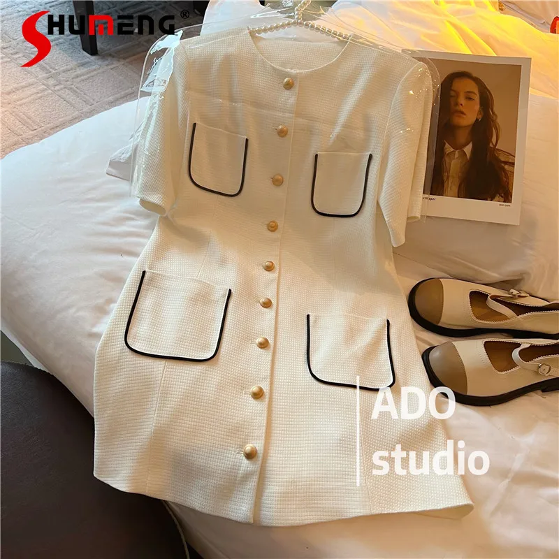 

Classic Style 2022 Spring Summer New Ladies Fashion Contrast Color Gold Buckle Dress Women's Elegant Slim Waist Above Knee Dress