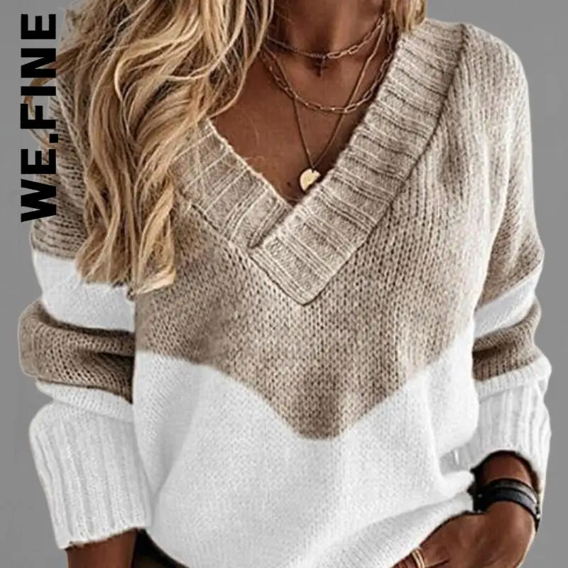 

We.Fine Women Sweater Knitted Fashion Casual Pullover Top Women Loose Warm Soft Sweaters Ladies V-neck Basic Knitwear Female