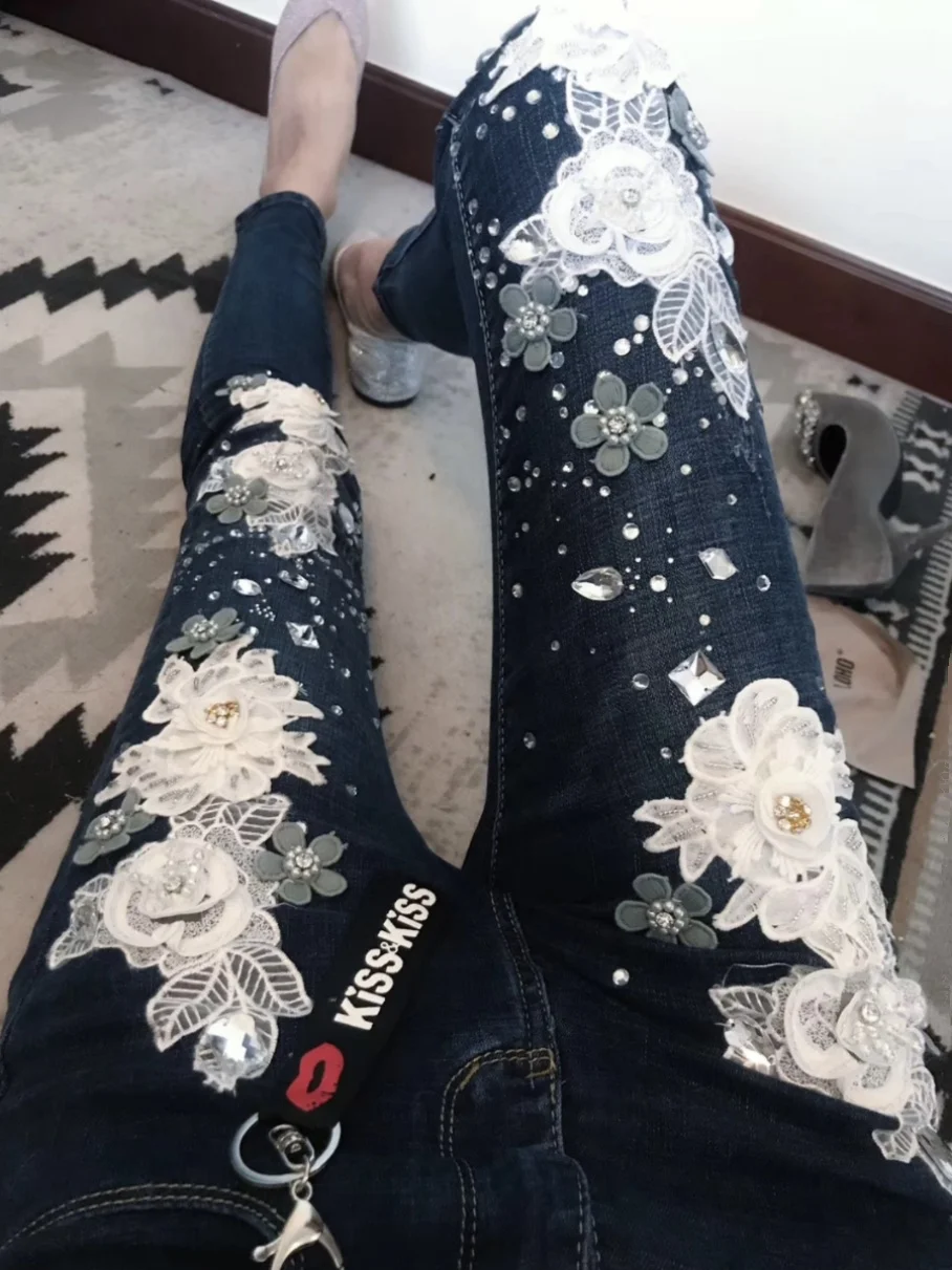 Европейские тяжелые бусины Стрейчевые брюки для ног осенняя одежда 2024 новая мода