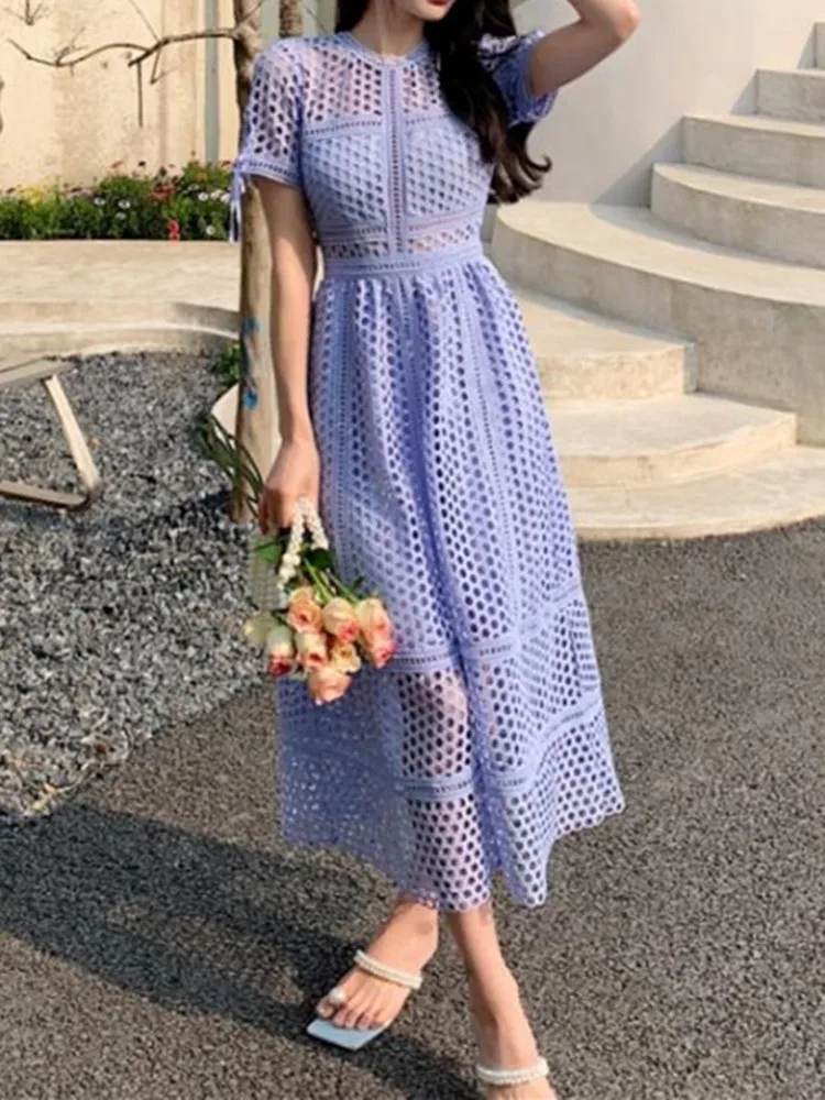 

Women Short Sleeve Dresses Embroidery Drawstring Square Collar Female 2022 Spring/summer Midi Robe