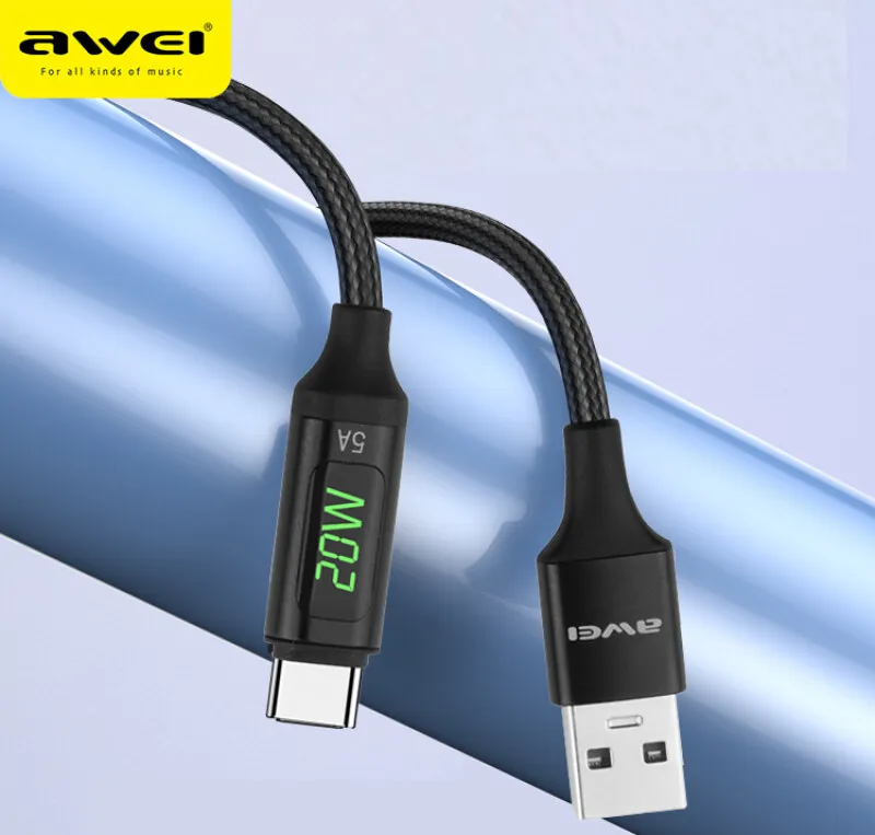 

AWEI CL-123L PD 20W/5A Type-C USB Cable Fast Phone Charging Led Digital Display Power For iPhone iPad Macbook Samsung Xiaomi
