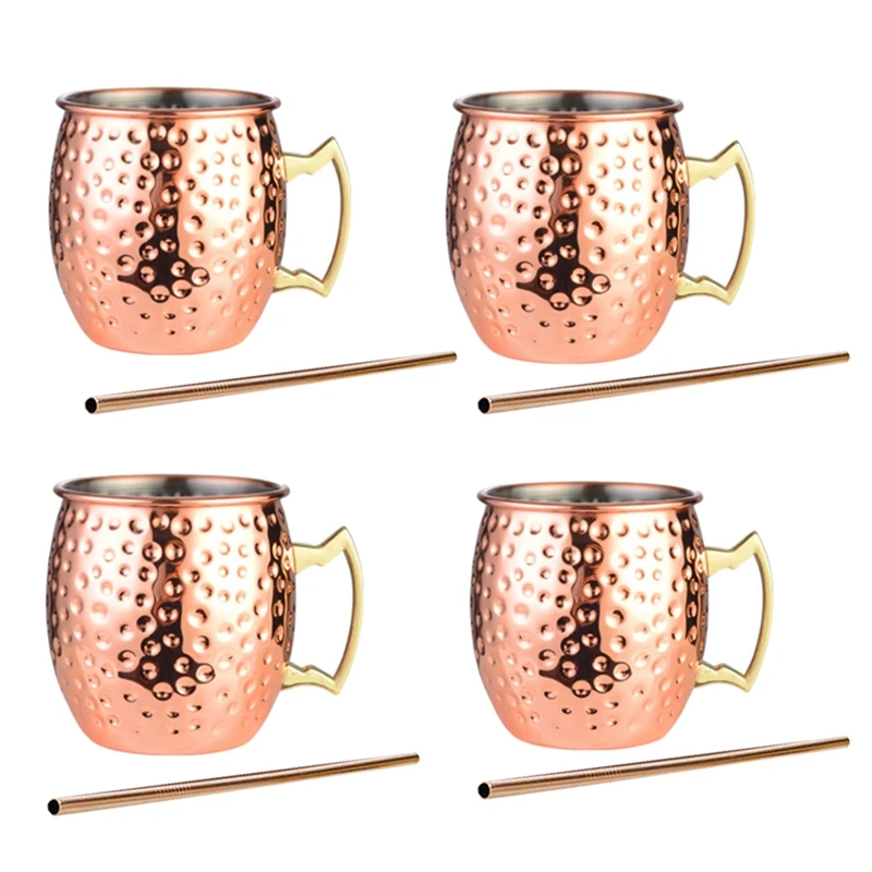 

Moscow Mule Copper Mugs - Set Of 4-Handcrafted- Copper Mugs Gift Set With Bonus :4 Cocktail Copper Straws