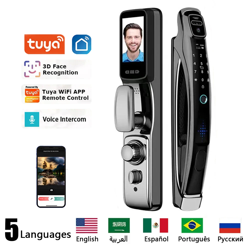 

TUYA WIFI 3D Face Recognition Lock with Camera Video Call Voice Intercom Fingerprint Password Fully Automatic Smart Lock