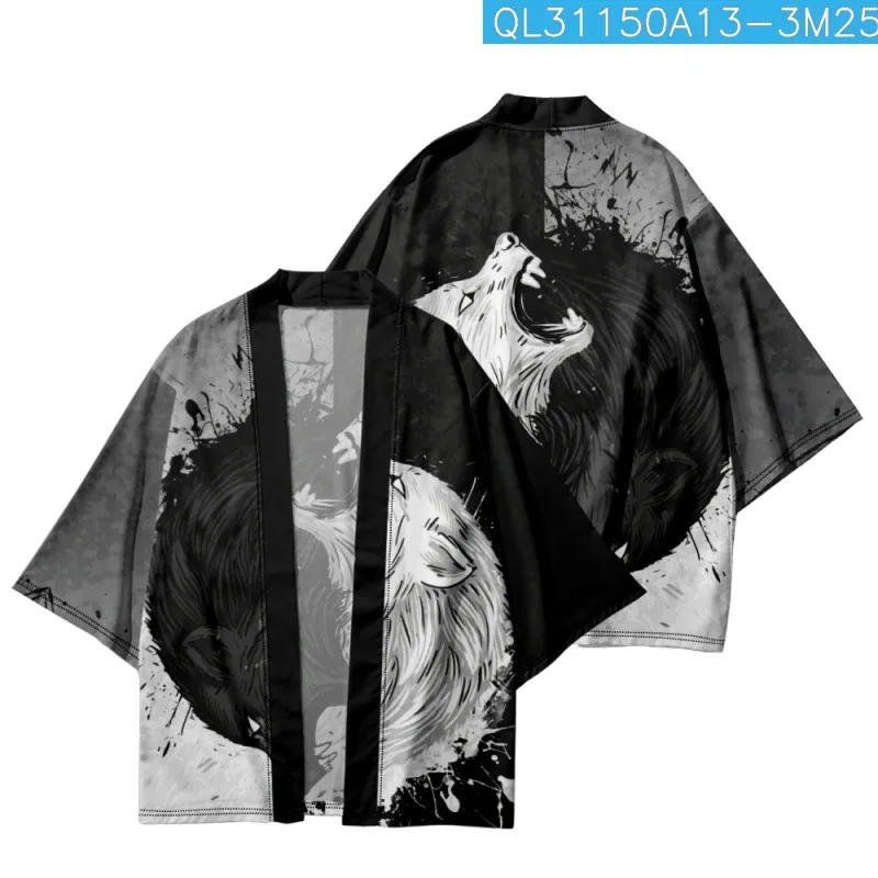 

Кимоно женское с принтом волка, пляжные шорты в японском стиле, юката, хаори, кардиган для косплея, уличная одежда для пар, черный белый цвет