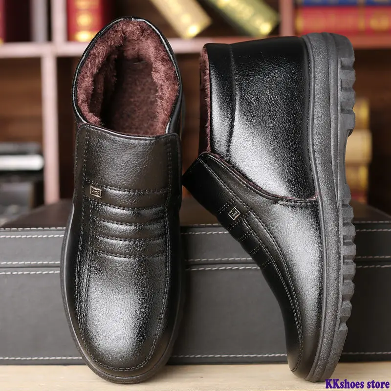 

Winter Waterproof Men's Casual Leather Shoes Flannel High Top Slip-on Male Casual Shoes Rubber Warm Winter Shoes for Mens
