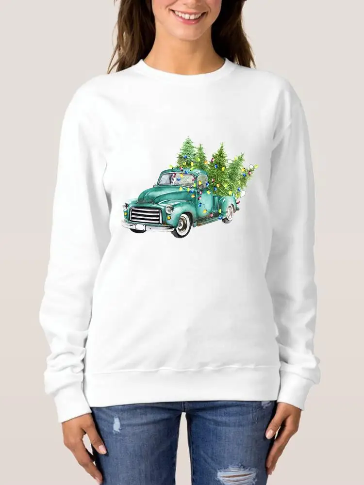 

Женский свитшот с принтом «грузовик с деревом» и круглым вырезом