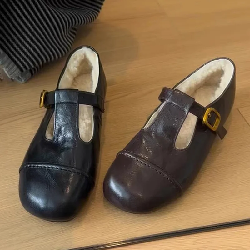 Женские хлопковые туфли на плоской подошве меховые Мэри Джейн короткие плюшевые