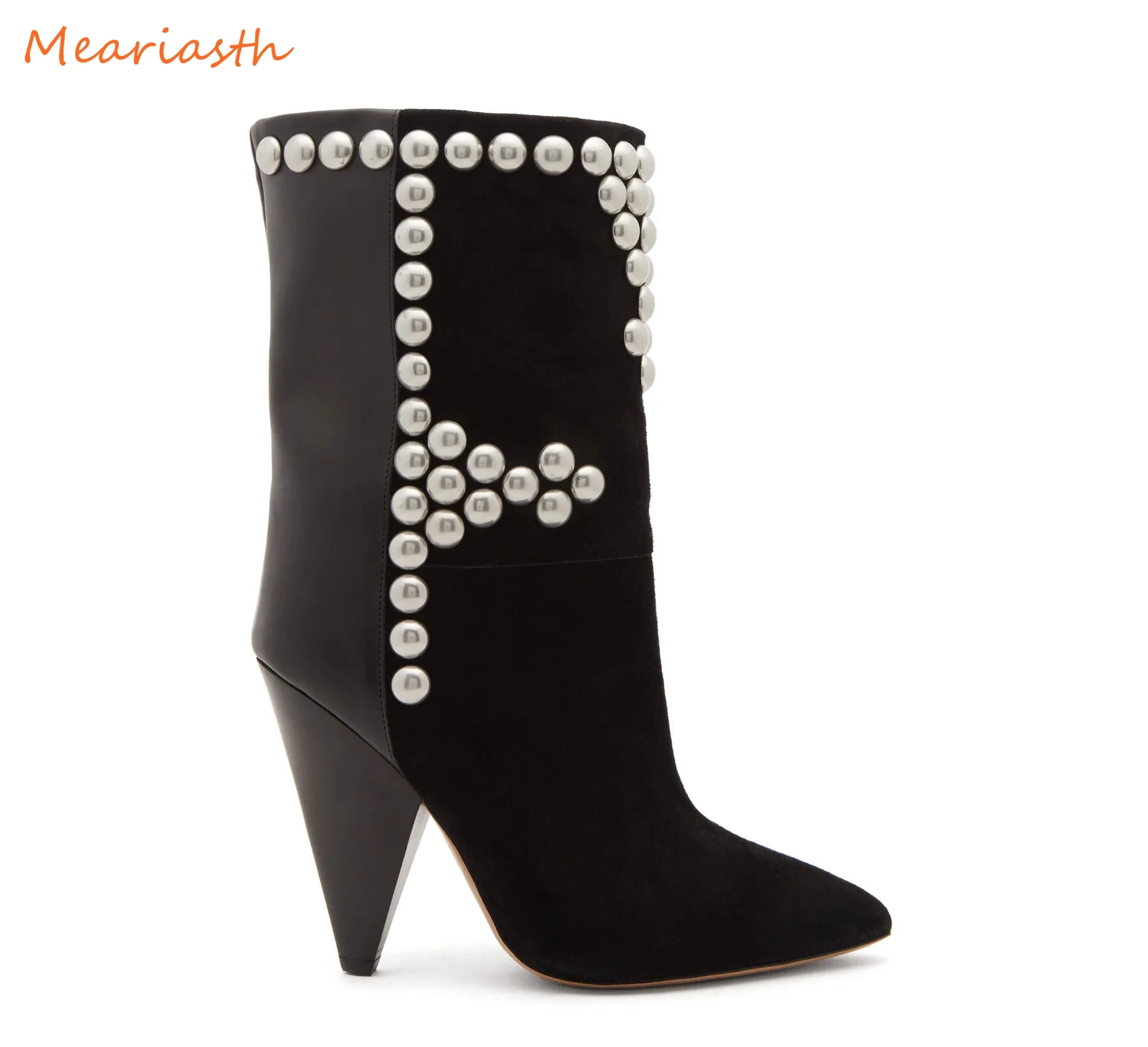 

2022 White Real Suede Ankle Boots Women Pointed Toe Rivet Studded 10CM 8cm Spiked High Heels Botas Femme Western Cowboy Boots