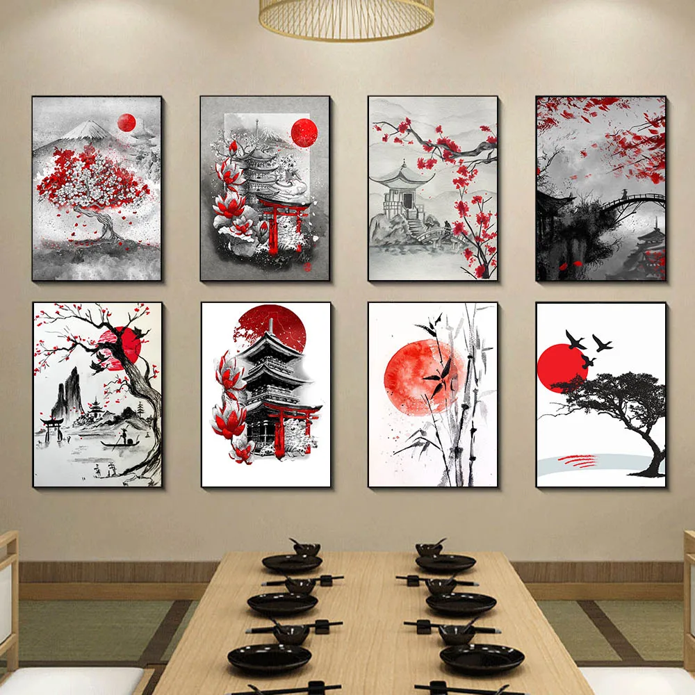 Japanese style landscape canvas painting watercolor wall art poster living room corridor home decoration mural |