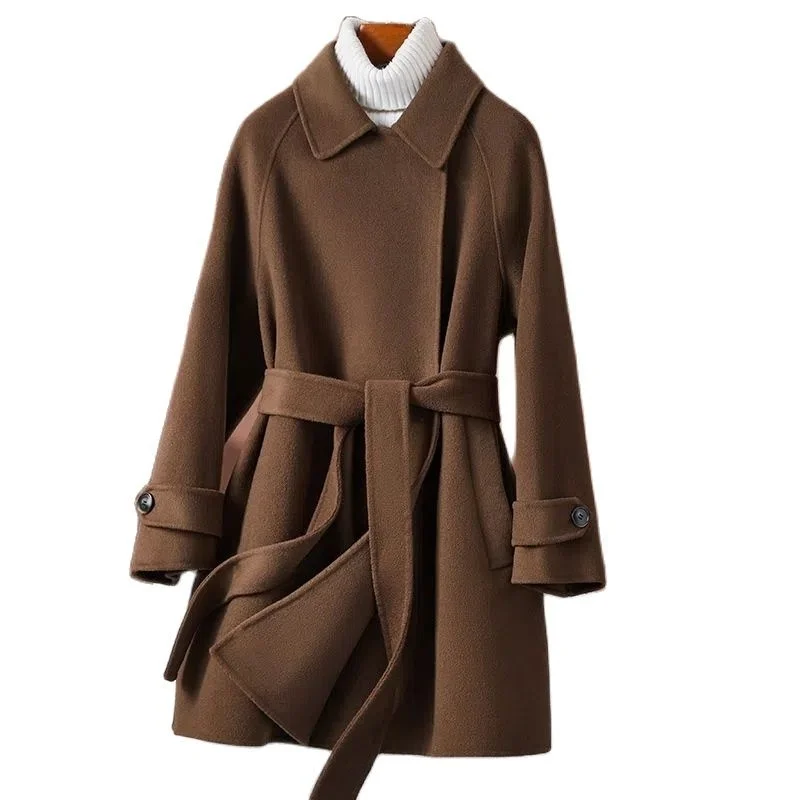 

Wool Coat Women Double-Sided Wool Jacket Double Face Cashmere Outerwear Belted Trench Coat Female Brown Black Clothing