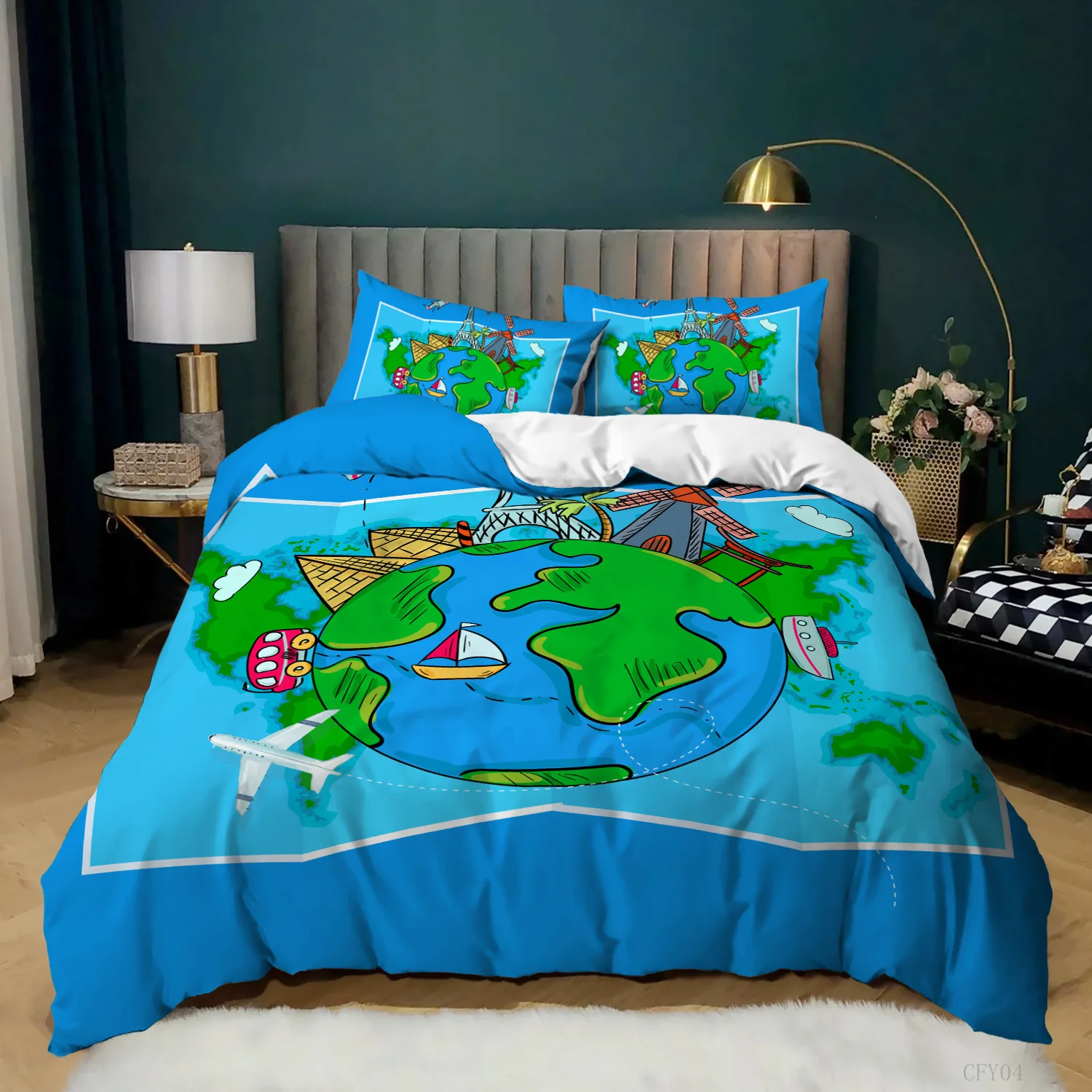 

Queen/King Size Bedding Set for Kids Teens Travel Theme Duvet Cover Cartoon Earth Print Comforter Cover Ultra Soft Quilt