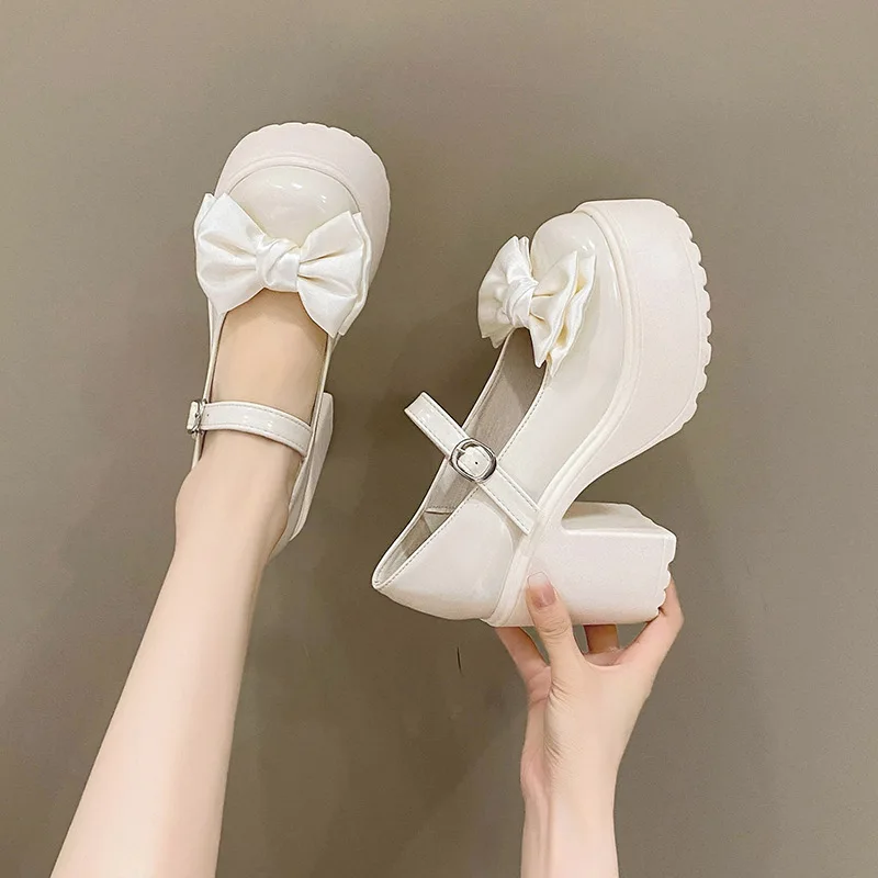 White Platform High Heels Women Mary Jane Chunky Heel Shoes Bows Elegant Woman Heeled Pumps Round Toe Shoes Women's Wedding Shoe