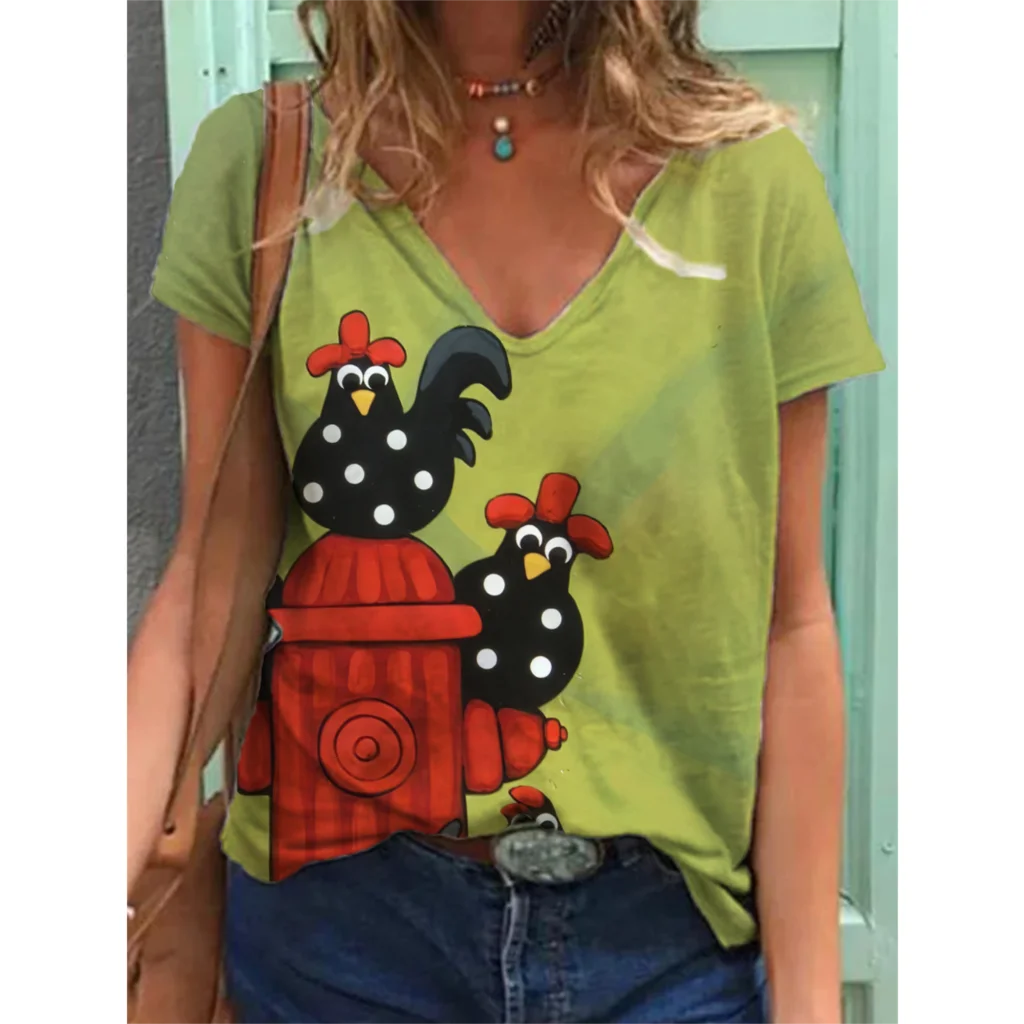 

2022 New Summer Women T Shirt 3D Chick Printing Short Tee Tops Casual V-Neck Street Ladies T Shirts Fashion